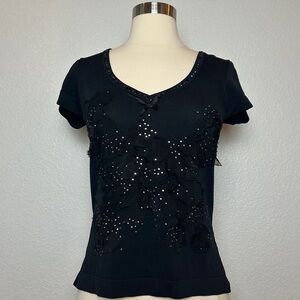 D.M.G. Cap Sleeves Top Women's S Black Floral Applique Rhinestone Embellished